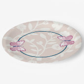 marineblauw roze vlinder flora papieren bordje (Gekanteld)