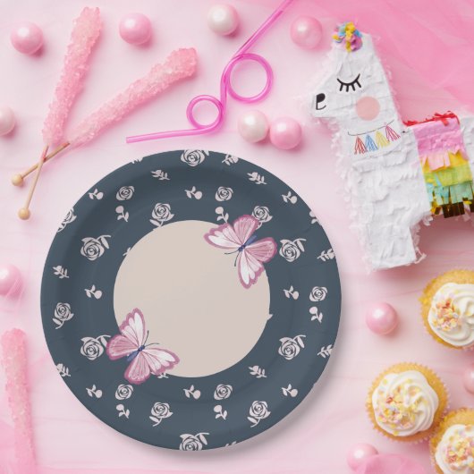 marineblauw roze vlinder flora papieren bordje (Feest)