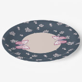 marineblauw roze vlinder flora papieren bordje (Gekanteld)