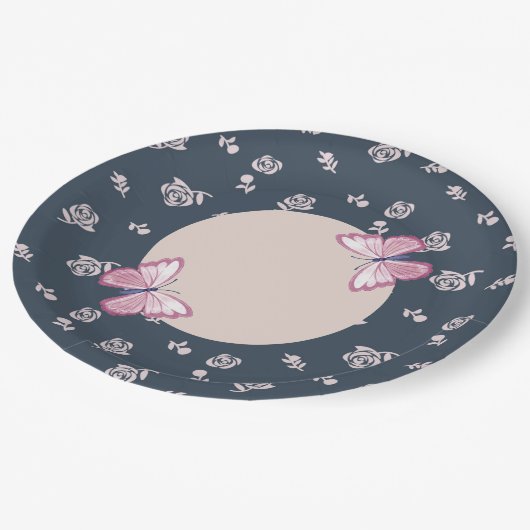 marineblauw roze vlinder flora papieren bordje (Gekanteld)