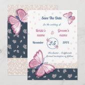 marineblauw roze vlinder slaat de datumkaart op (Voorkant / Achterkant)