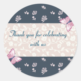 Marineblauw roze vlinders dank u ronde sticker