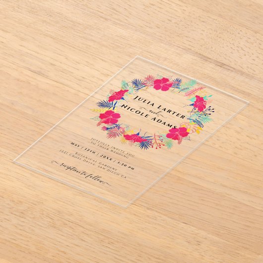 Marineblauw roze wild regenwoud Evergreen bruiloft Acryl Uitnodigingen (Laagn)