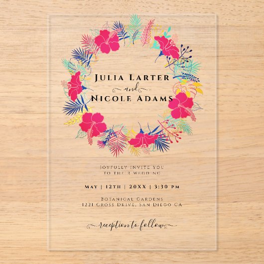 Marineblauw roze wild regenwoud Evergreen bruiloft Acryl Uitnodigingen (Voorkant)