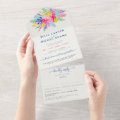 Marineblauw roze wild regenwoud Evergreen bruiloft All In One Uitnodiging (Afscheurbaar)