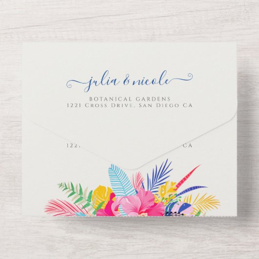 Marineblauw roze wild regenwoud Evergreen bruiloft All In One Uitnodiging (Achterkant)