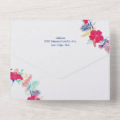 Marineblauw roze wild regenwoud Evergreen bruiloft All In One Uitnodiging (Achterkant)