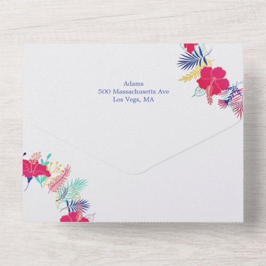 Marineblauw roze wild regenwoud Evergreen bruiloft All In One Uitnodiging (Achterkant)