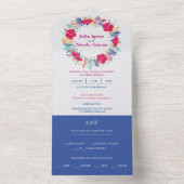 Marineblauw roze wild regenwoud Evergreen bruiloft All In One Uitnodiging (Binnen)