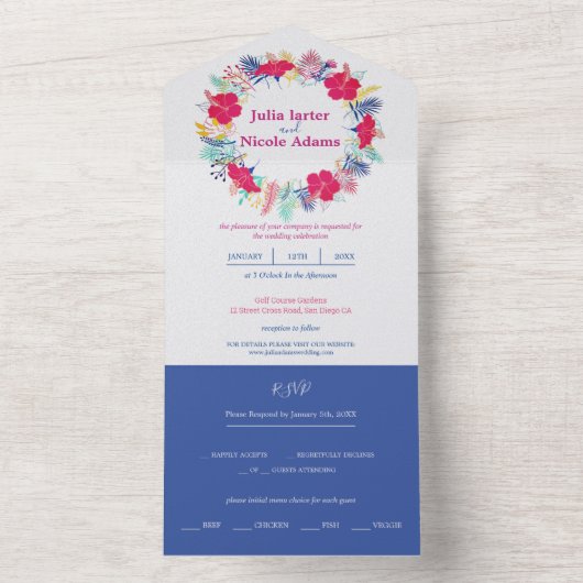 Marineblauw roze wild regenwoud Evergreen bruiloft All In One Uitnodiging (Binnen)