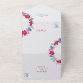 Marineblauw roze wild regenwoud Evergreen bruiloft All In One Uitnodiging (Buitenkant)