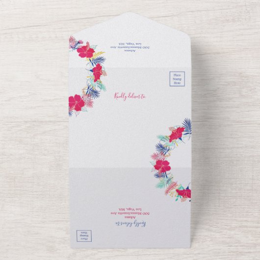 Marineblauw roze wild regenwoud Evergreen bruiloft All In One Uitnodiging (Buitenkant)