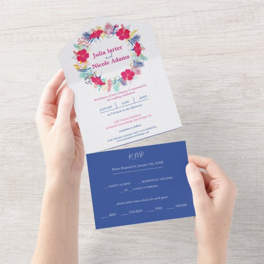 Marineblauw roze wild regenwoud Evergreen bruiloft All In One Uitnodiging (Afscheurbaar)
