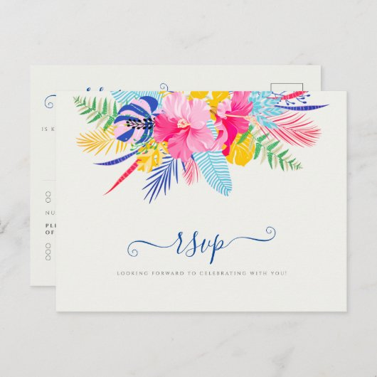 Marineblauw roze wild regenwoud Evergreen bruiloft Briefkaart (Voorkant / Achterkant)