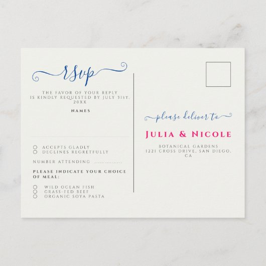 Marineblauw roze wild regenwoud Evergreen bruiloft Briefkaart (Achterkant)