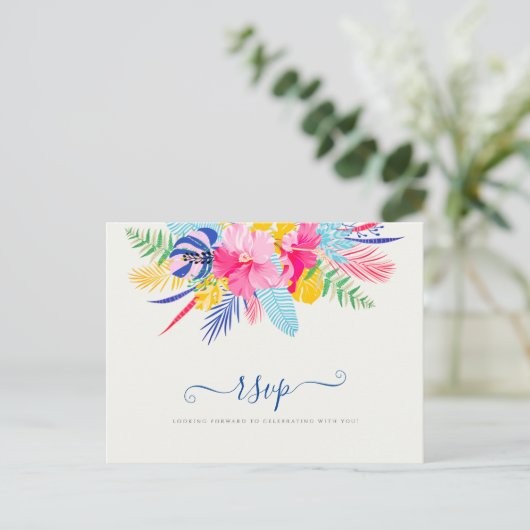 Marineblauw roze wild regenwoud Evergreen bruiloft Briefkaart (Staand voorkant)