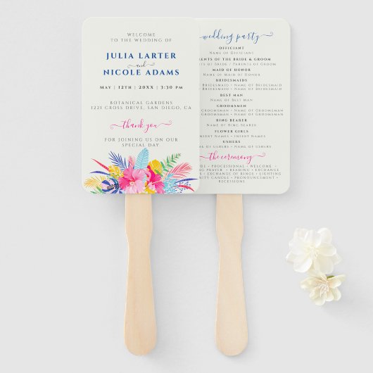 Marineblauw roze wild regenwoud Evergreen bruiloft Handwaaier (Voorkant en achterkant)