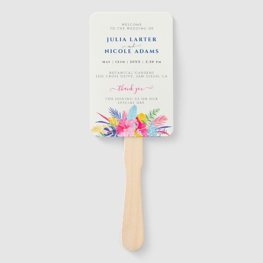 Marineblauw roze wild regenwoud Evergreen bruiloft Handwaaier (Voorkant)