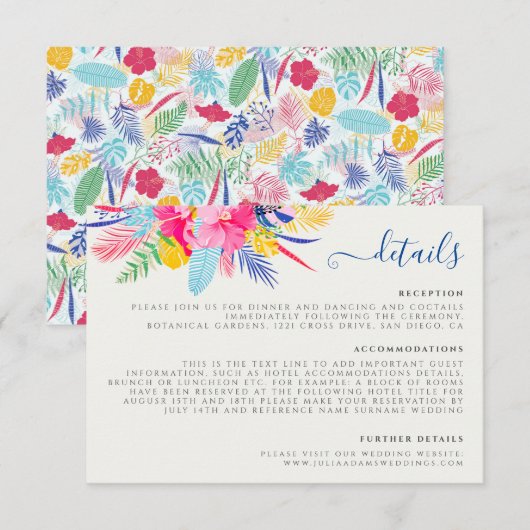 Marineblauw roze wild regenwoud Evergreen bruiloft Informatiekaartje (Voorkant / Achterkant)