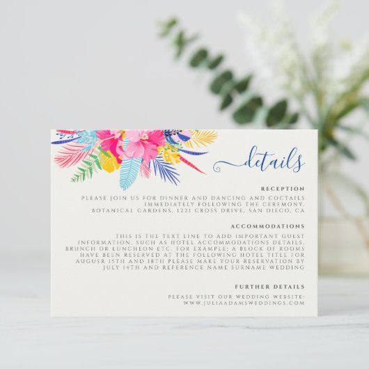 Marineblauw roze wild regenwoud Evergreen bruiloft Informatiekaartje (Staand voorkant)