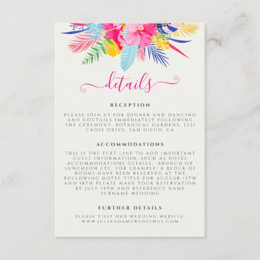 Marineblauw roze wild regenwoud Evergreen bruiloft Informatiekaartje (Voorkant)