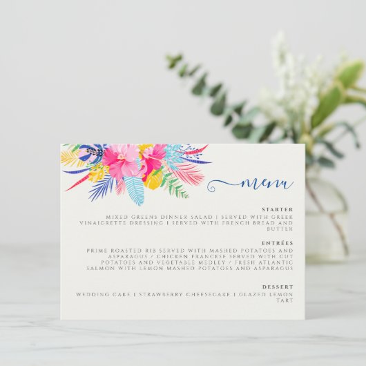 Marineblauw roze wild regenwoud Evergreen bruiloft Menu (Staand voorkant)