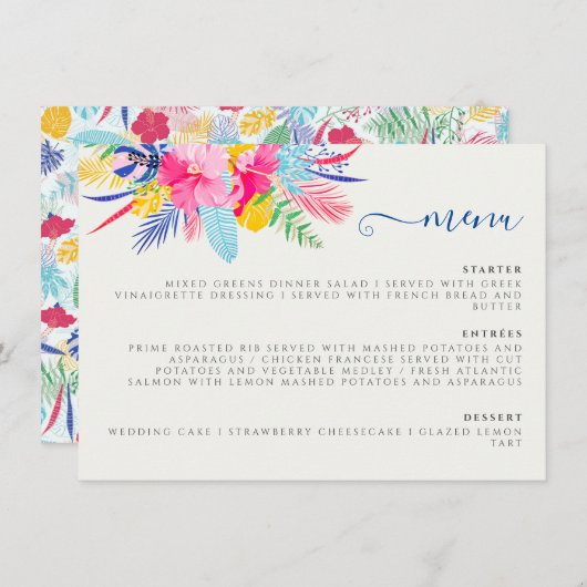 Marineblauw roze wild regenwoud Evergreen bruiloft Menu (Voorkant / Achterkant)