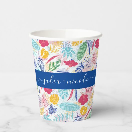 Marineblauw roze wild regenwoud Evergreen bruiloft Papieren Bekers (Links)