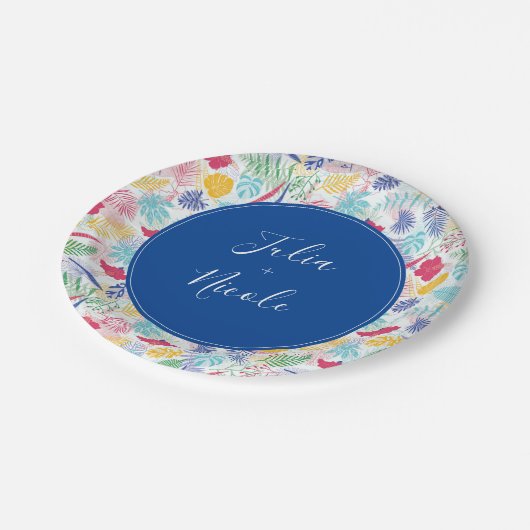 Marineblauw roze wild regenwoud Evergreen bruiloft Papieren Bordje (Gekanteld)