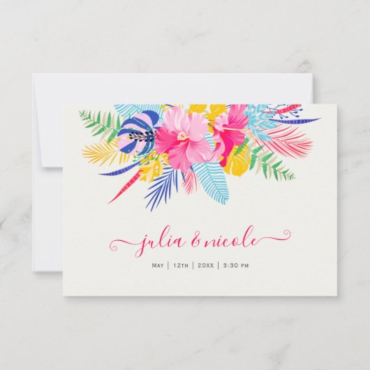 Marineblauw roze wild regenwoud Evergreen bruiloft RSVP Kaartje (Achterkant)