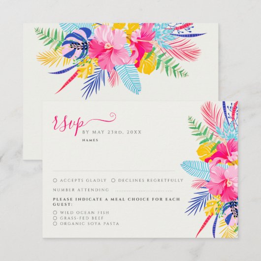 Marineblauw roze wild regenwoud Evergreen bruiloft RSVP Kaartje (Voorkant / Achterkant)