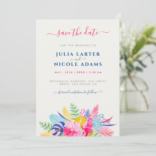 Marineblauw roze wild regenwoud Evergreen bruiloft Save The Date (Staand voorkant)