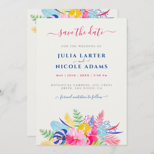 Marineblauw roze wild regenwoud Evergreen bruiloft Save The Date (Voorkant / Achterkant)