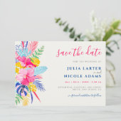 Marineblauw roze wild regenwoud Evergreen bruiloft Save The Date (Staand voorkant)