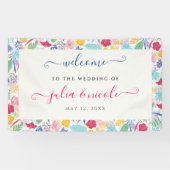 Marineblauw roze wild regenwoud Evergreen bruiloft Spandoek (Horizontaal)