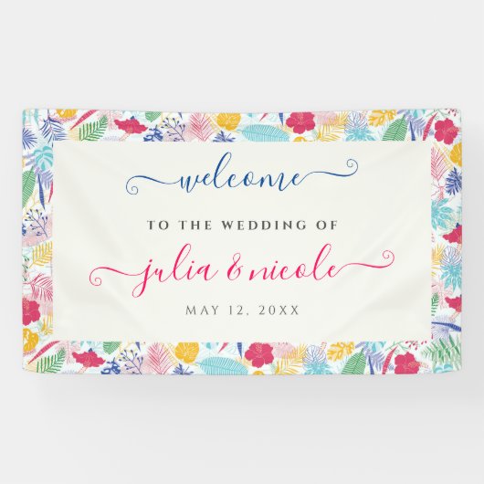 Marineblauw roze wild regenwoud Evergreen bruiloft Spandoek (Horizontaal)