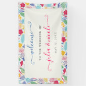 Marineblauw roze wild regenwoud Evergreen bruiloft Spandoek (Verticaal)