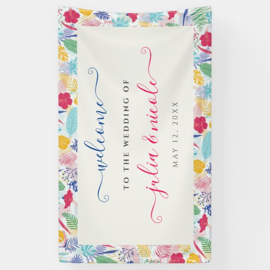 Marineblauw roze wild regenwoud Evergreen bruiloft Spandoek (Verticaal)