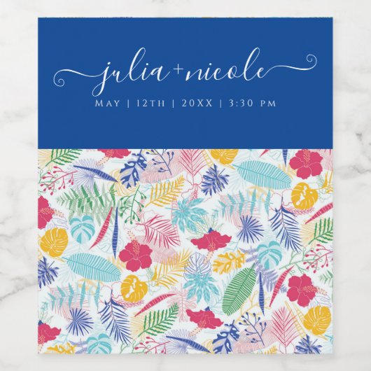 Marineblauw roze wild regenwoud Evergreen bruiloft Wijn Etiket (Enkel label)