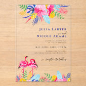 Marineblauw Roze Wilde Regenwoud Groene Huwelijk Acryl Uitnodigingen (Voorkant)