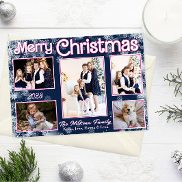 Marineblauw | Roze | Witte Sneeuwvlokken Kerstkaar Feestdagenkaart