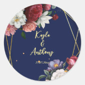 Marineblauw rozen bruiloft ronde sticker (Voorkant)