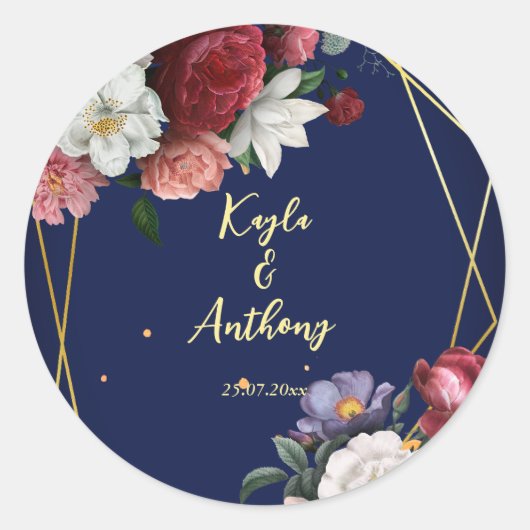 Marineblauw rozen bruiloft ronde sticker (Voorkant)