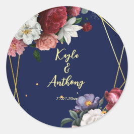 Marineblauw rozen bruiloft ronde sticker