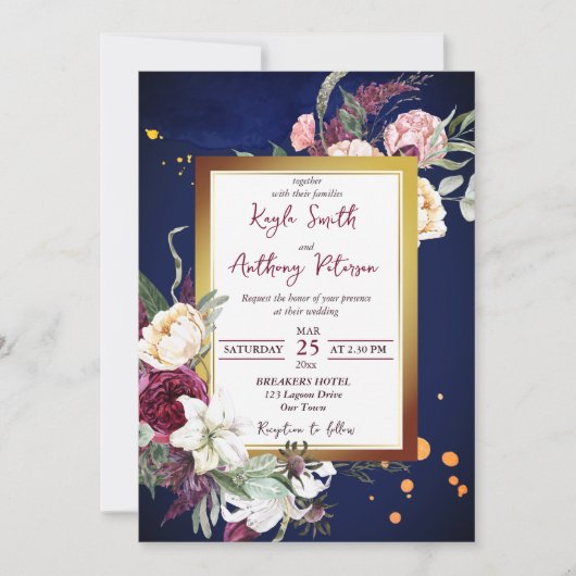 Marineblauw rozen witte lly bruiloft kaart (Voorkant)
