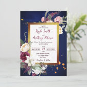 Marineblauw rozen witte lly bruiloft kaart (Staand voorkant)