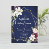 Marineblauw rozen witte lly bruiloft kaart (Staand voorkant)