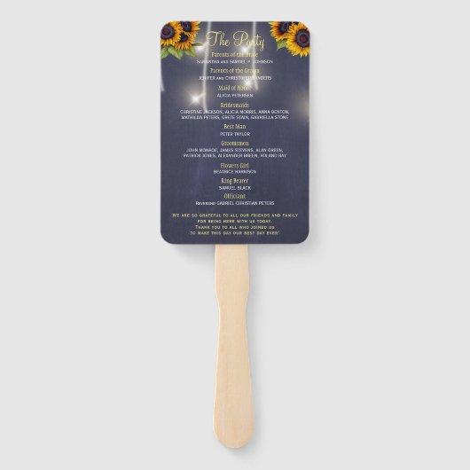 Marineblauw rustieke zonnebloemen chique bruiloft  handwaaier (Achterkant)