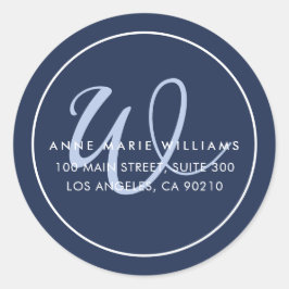 Marineblauw Schrift Monogram Retouradres Ronde Sticker