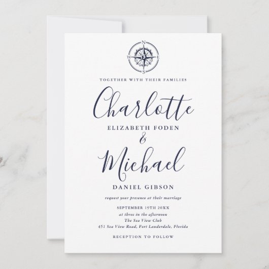 Marineblauw Schrift Nautilus Kompas Foto Bruiloft Kaart (Voorkant)